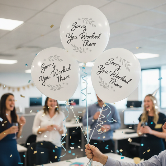 Sorry You Worked There balloons held up at a workplace farewell party with confetti